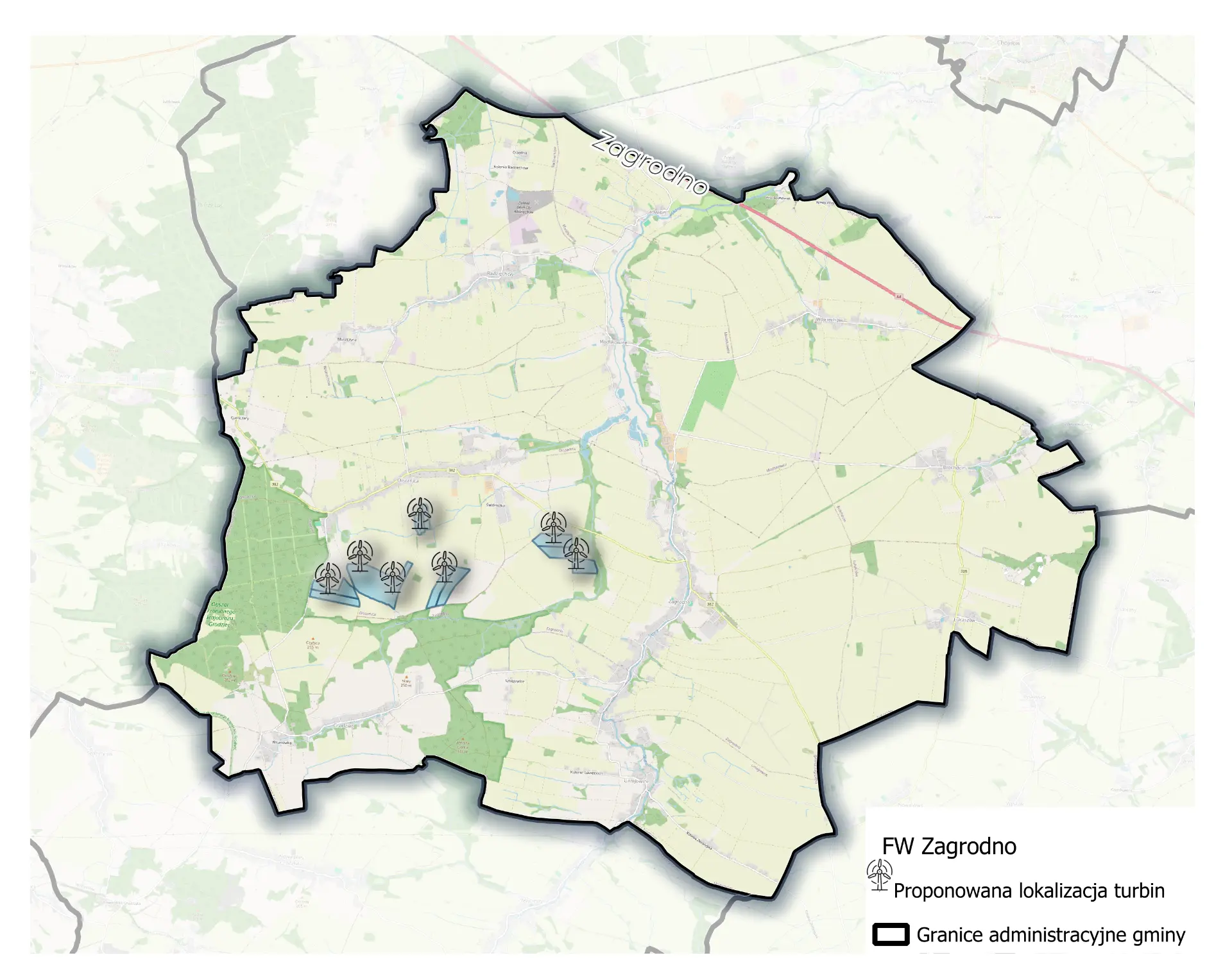 Mapa gminy Zagrodno z proponowanymi lokalizacjami turbin