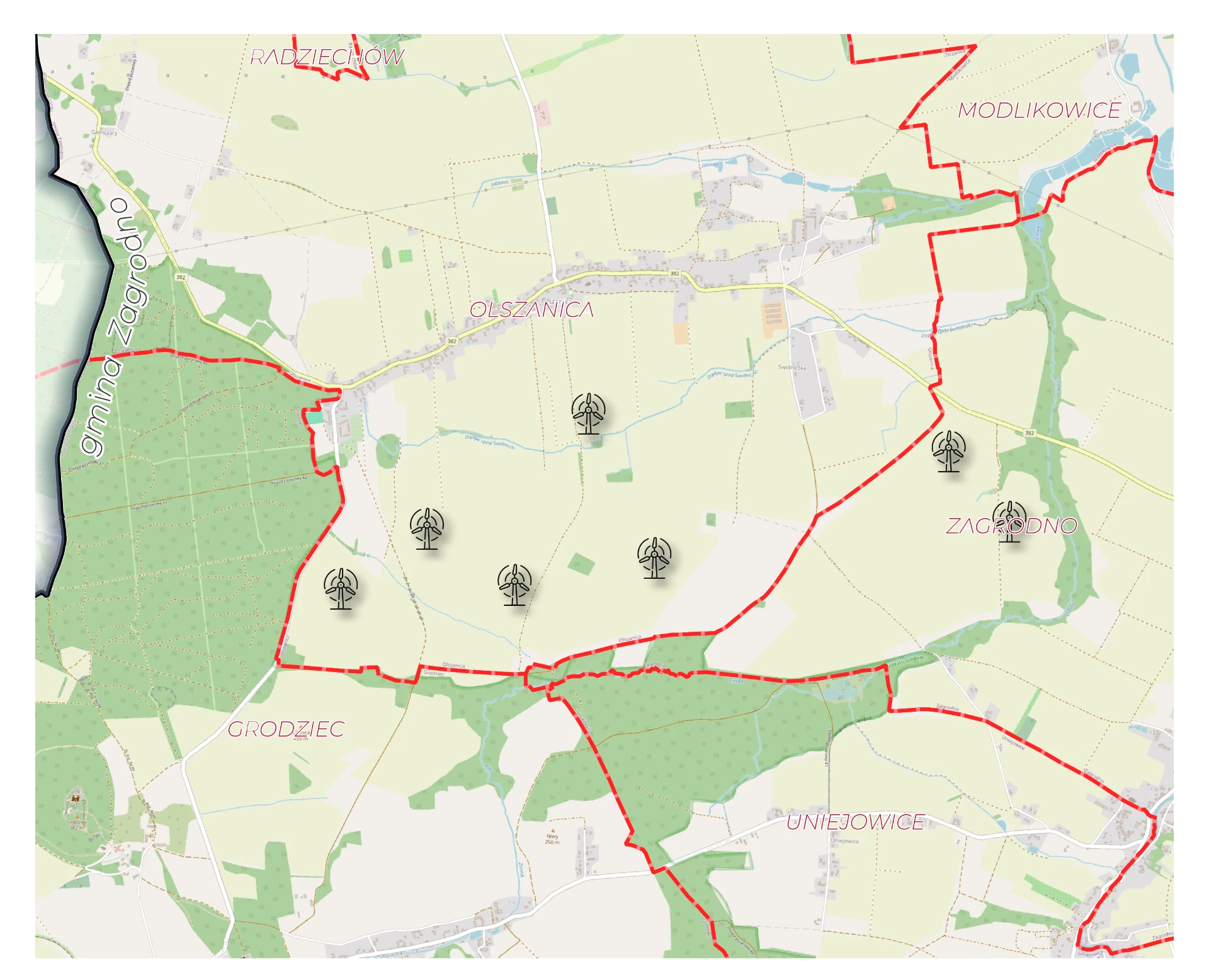Szczegółowa mapa proponowanych lokalizacji turbin w rejonie Olszanicy i Zagrodna